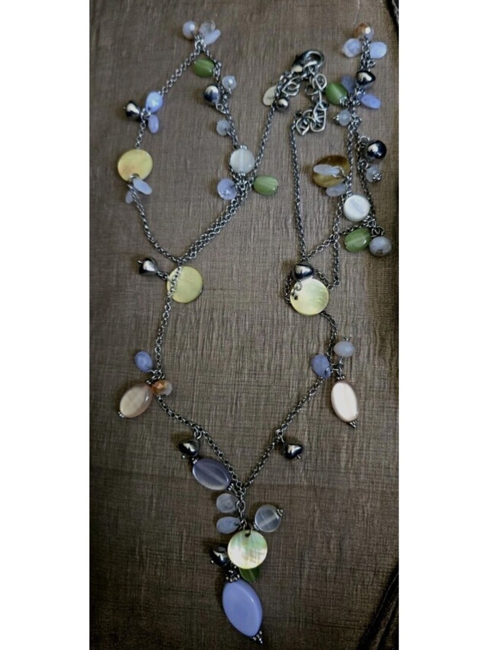 Chico's Silver Tone Blue Glass? Acrylic? Beaded 36" Long Boho Necklace